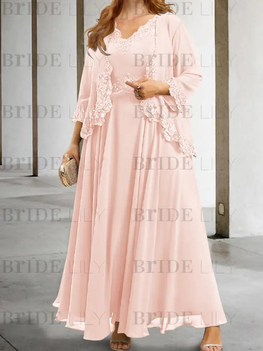 Petal sequin lace trim mother of the bride chiffon dress with jacket