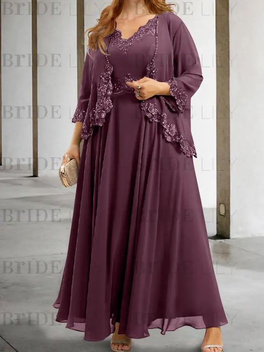 Plum sequin lace trim mother of the bride chiffon dress with jacket