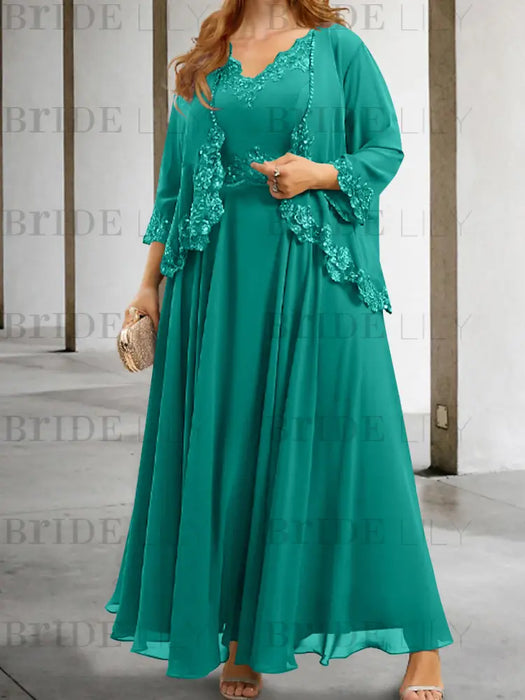 Pool sequin lace trim mother of the bride chiffon dress with jacket
