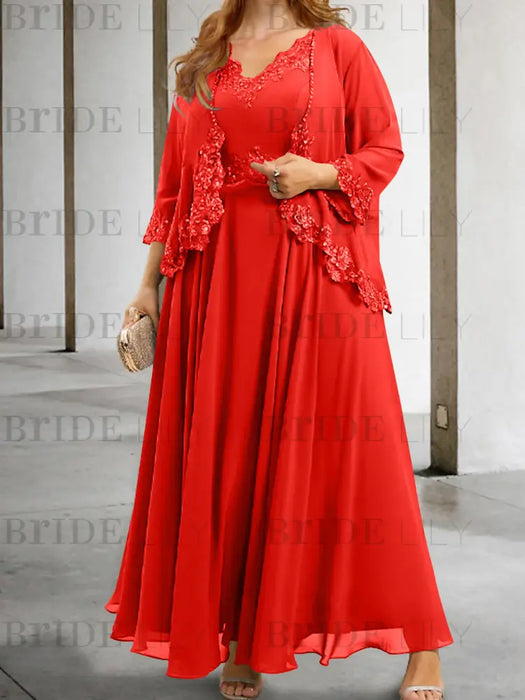 Red sequin lace trim mother of the bride chiffon dress with jacket