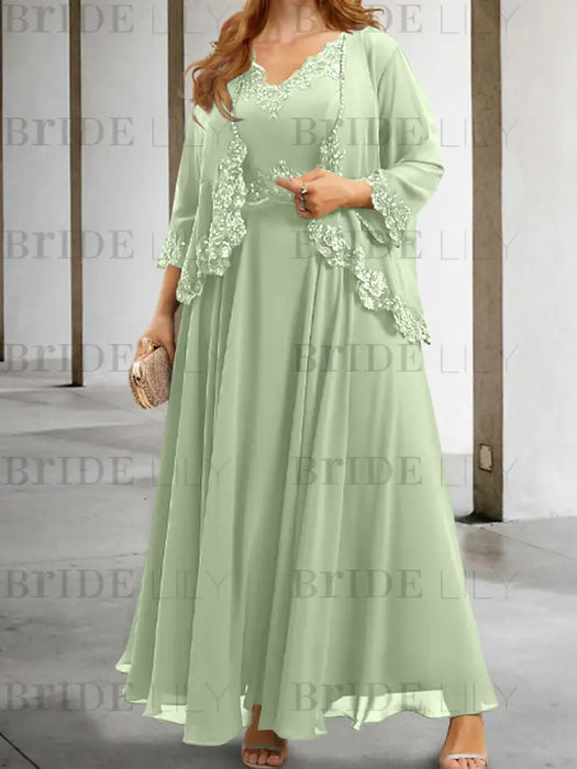 Sage sequin lace trim mother of the bride chiffon dress with jacket