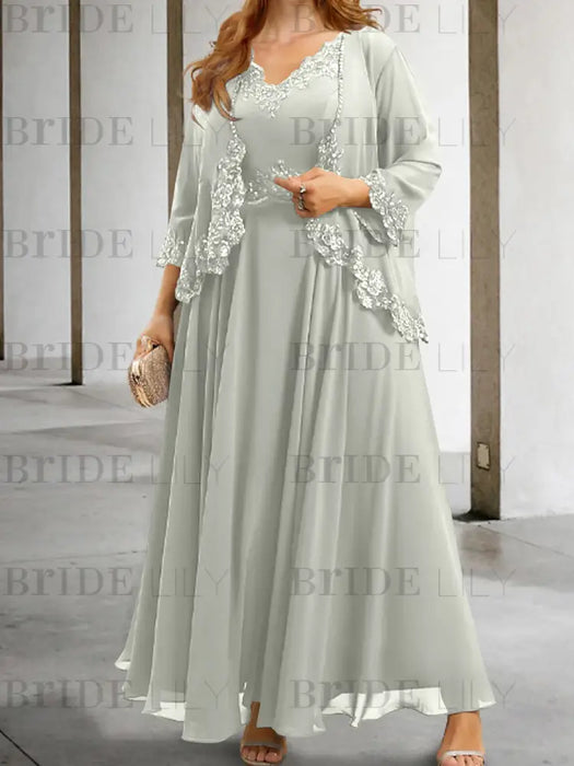 Silver sequin lace trim mother of the bride chiffon dress with jacket