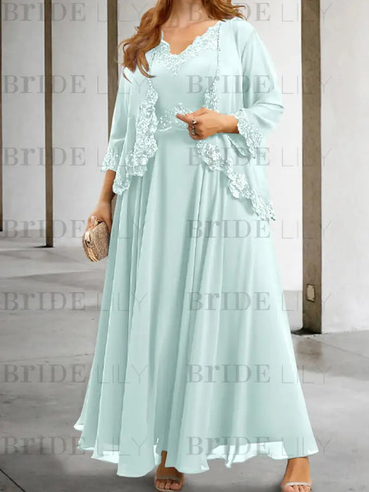 Sky Blue sequin lace trim mother of the bride chiffon dress with jacket