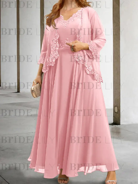 Chiffon A-line dress with a sequin lace trimmed jacket in soft pink