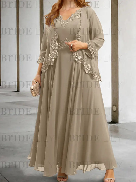 Taupe sequin lace trim mother of the bride chiffon dress with jacket