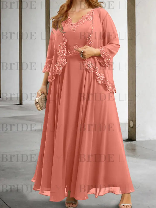 Watermelon sequin lace trim mother of the bride chiffon dress with jacket