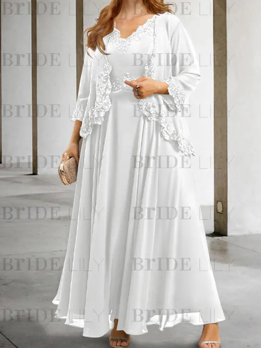 White sequin lace trim mother of the bride chiffon dress with jacket