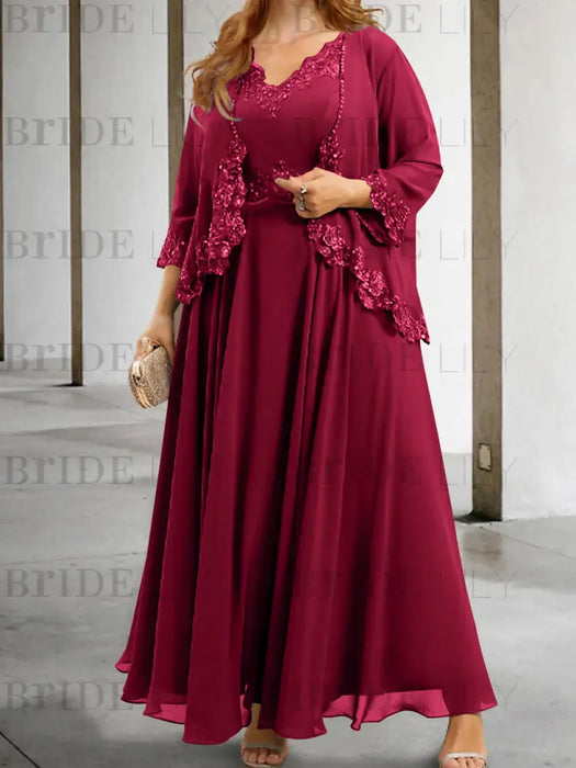 Wine Red sequin lace trim mother of the bride chiffon dress with jacket