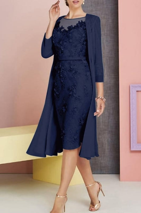 Chiffon Lace Two Piece Sheath Mother of the Bride Dress Knee Length Wedding Guest Dress - Prom Dresses