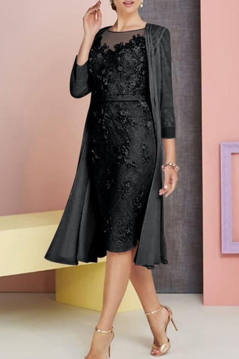 Chiffon Lace Two Piece Sheath Mother of the Bride Dress Knee Length Wedding Guest Dress - Prom Dresses