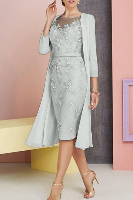 Chiffon Lace Two Piece Sheath Mother of the Bride Dress Knee Length Wedding Guest Dress - Prom Dresses