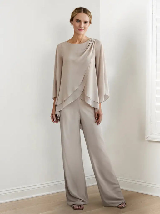 Champagne chiffon two piece pantsuit with a layered tunic and wide leg trousers