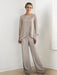 Champagne chiffon two piece pantsuit with a layered tunic and wide leg trousers