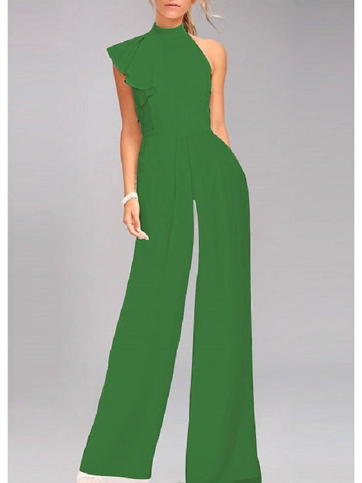 Chiffon one shoulder ruffle jumpsuit in emerald green