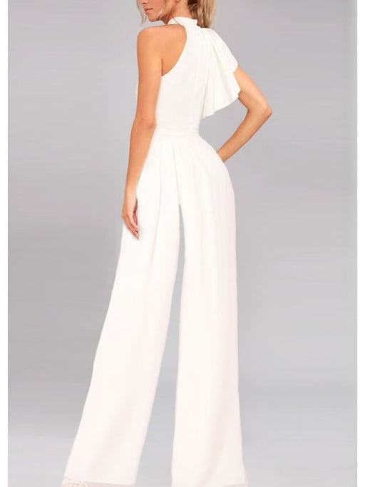 Back view of the ivory chiffon one shoulder ruffle jumpsuit