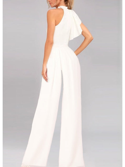 Back view of the ivory chiffon one shoulder ruffle jumpsuit
