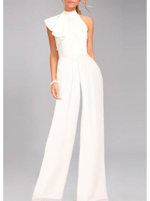 Ivory chiffon jumpsuit with a one shoulder ruffle and wide leg trousers