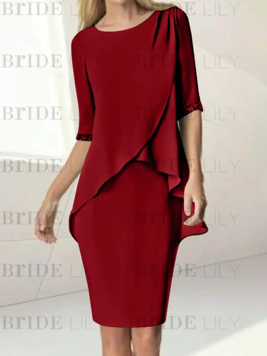 Burgundy chiffon overlay mother of the bride knee length dress with beading