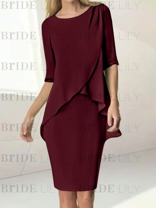 Cabernet chiffon overlay mother of the bride knee length dress with beading