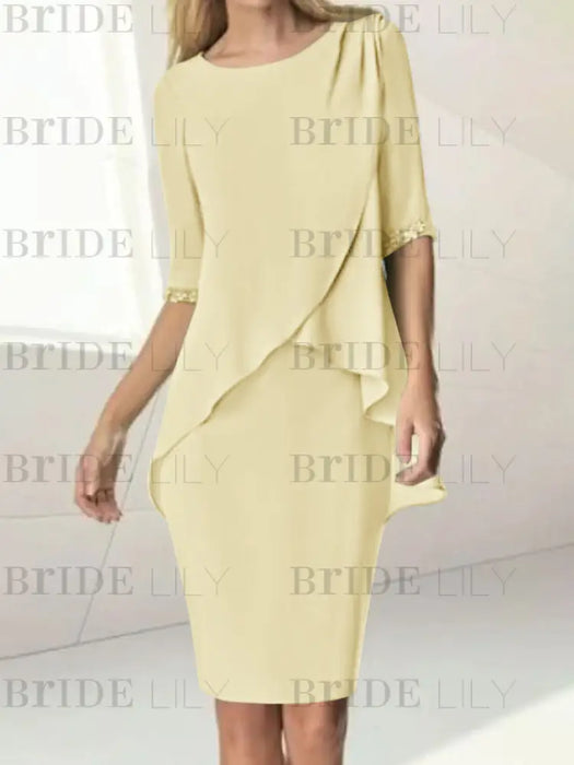 Champagne chiffon overlay mother of the bride knee length dress with beading