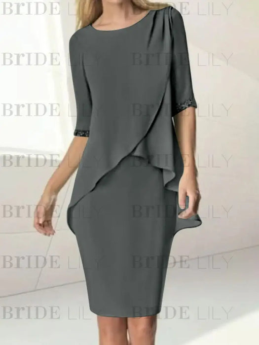 Charcoal Gray chiffon overlay mother of the bride knee length dress with beading