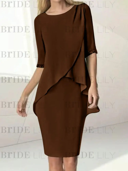 Chocolate chiffon overlay mother of the bride knee length dress with beading