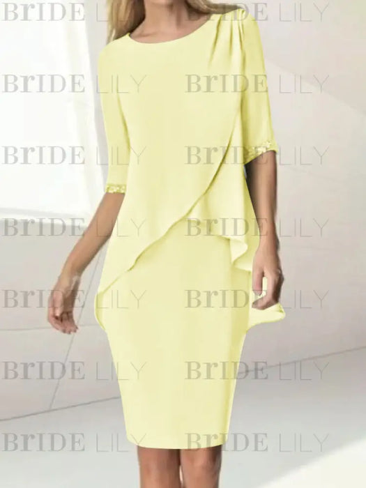Daffodil chiffon overlay mother of the bride knee length dress with beading