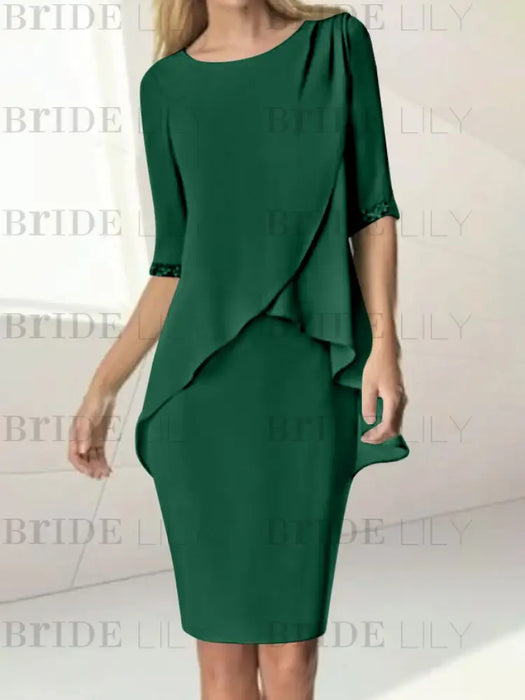Dark Green chiffon overlay mother of the bride knee length dress with beading