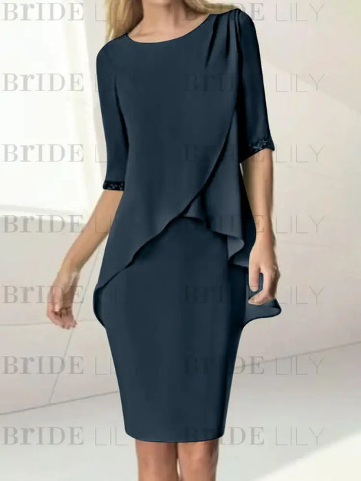 Dark Navy chiffon overlay mother of the bride knee length dress with beading