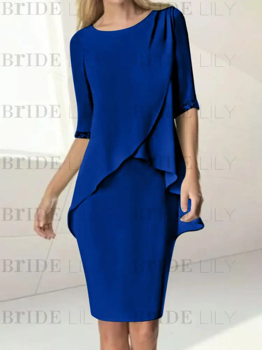 Dark Royal Blue chiffon overlay mother of the bride knee length dress with beading