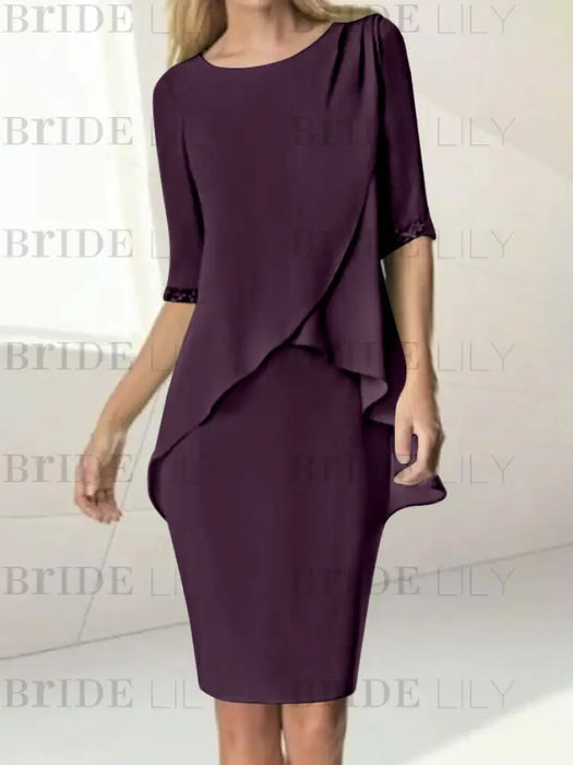 Dusk chiffon overlay mother of the bride knee length dress with beading
