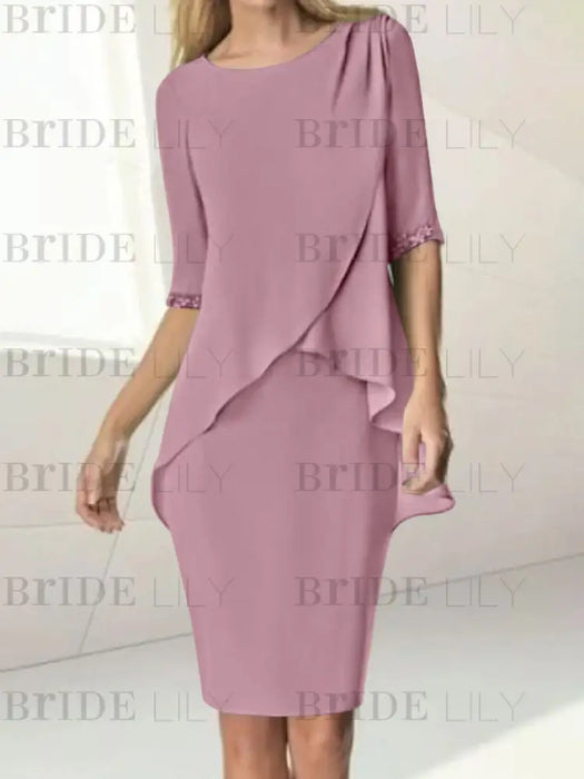 Dusty Rose chiffon overlay mother of the bride knee length dress with beading