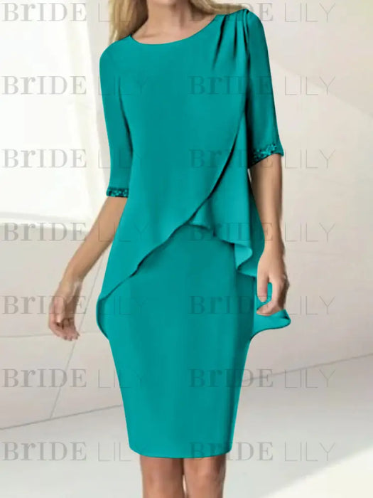 Emerald Green chiffon overlay mother of the bride knee length dress with beading