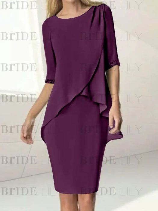Grape chiffon overlay mother of the bride knee length dress with beading
