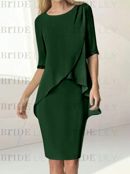 Green Black chiffon overlay mother of the bride knee length dress with beading