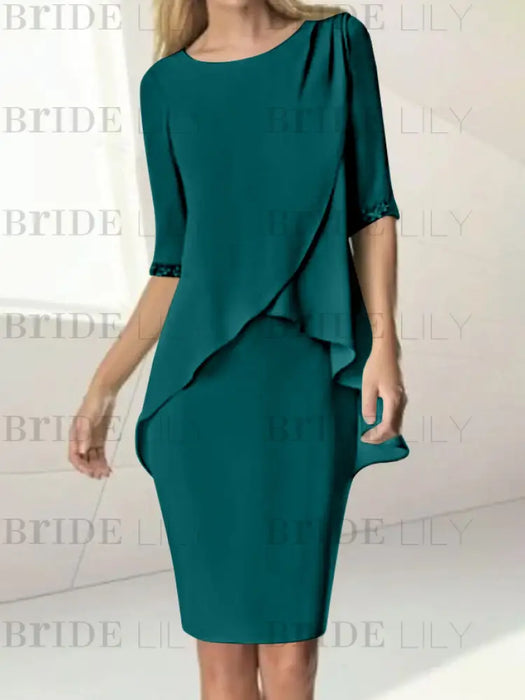 Ink Blue chiffon overlay mother of the bride knee length dress with beading