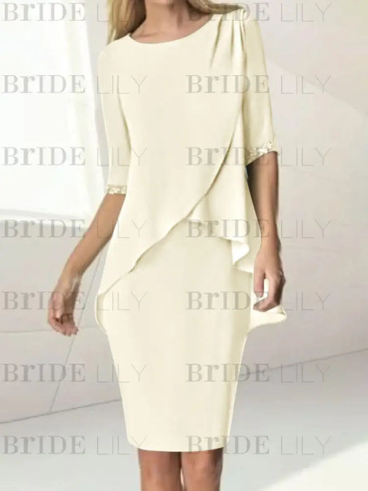 Ivory chiffon overlay mother of the bride knee length dress with beading