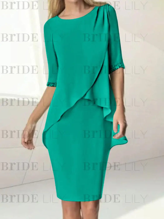 Jade chiffon overlay mother of the bride knee length dress with beading