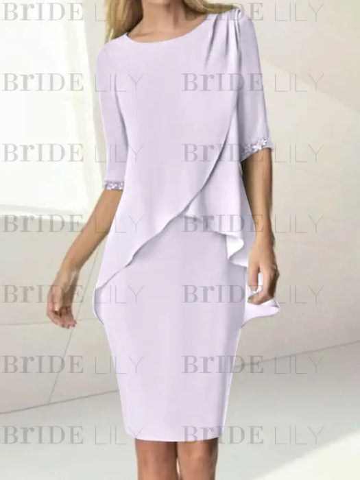 Lilac chiffon overlay mother of the bride knee length dress with beading