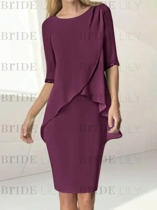 Mulberry chiffon overlay mother of the bride knee length dress with beading