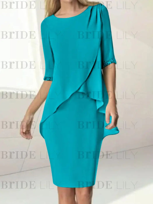 Ocean Blue chiffon overlay mother of the bride knee length dress with beading
