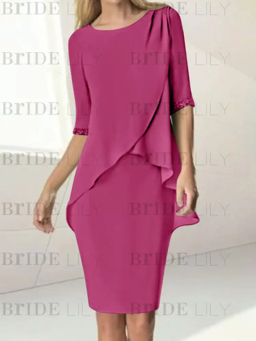 Orchid chiffon overlay mother of the bride knee length dress with beading