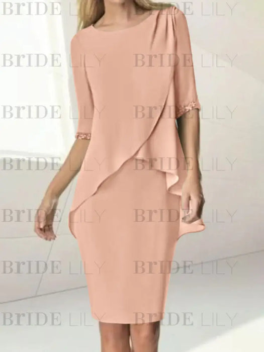 Pearl Pink chiffon overlay mother of the bride knee length dress with beading