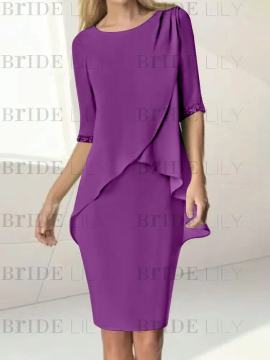 Plum chiffon overlay mother of the bride knee length dress with beading