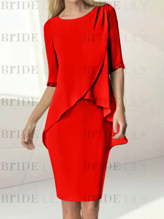 Red chiffon overlay mother of the bride knee length dress with beading