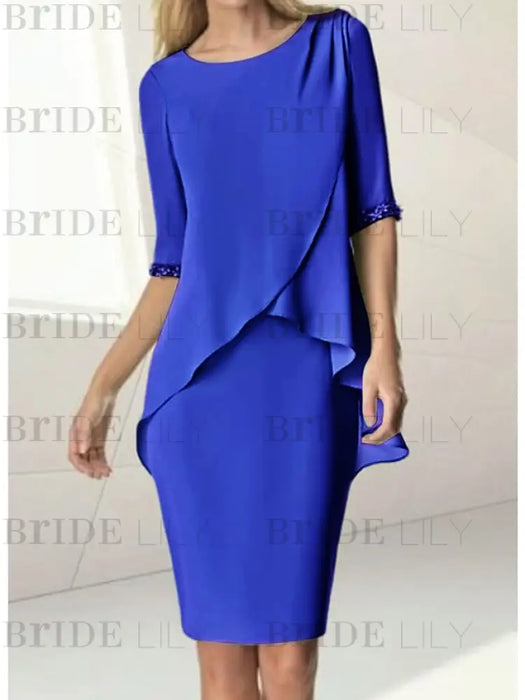 Chiffon overlay knee length dress with beaded cuffs in royal blue
