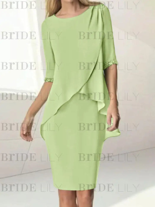 Sage chiffon overlay mother of the bride knee length dress with beading