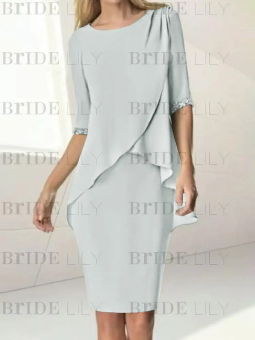 Silver chiffon overlay mother of the bride knee length dress with beading