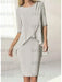 Chiffon overlay knee length dress with beaded cuffs in silver grey