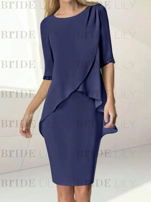 Stormy chiffon overlay mother of the bride knee length dress with beading